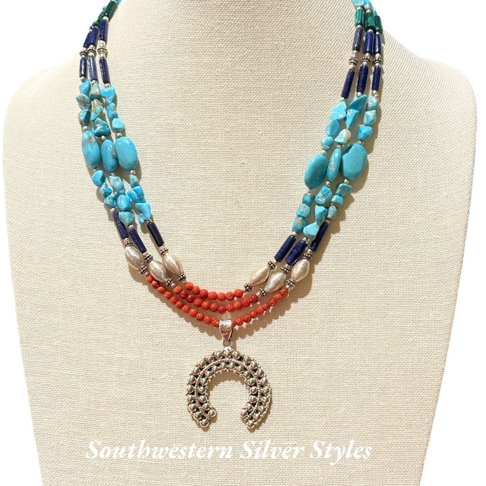 Vintage Navajo Style Turquoise Sterling Silver Squash Blossom Pendant Necklace